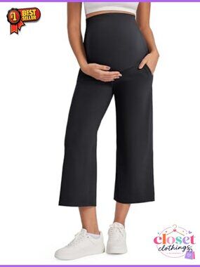 Maternity Wide Leg Capri Yoga Pants High Rise Over Belly Wicking Cropped